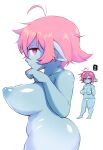  1girl antenna_hair arms_behind_back bikini blue_skin breasts colored_skin commentary completely_nude from_side highres huge_breasts inarou_(rakugakiproject) kuku_(inarou_(rakugakiproject)) micro_bikini navel nipples nude original pink_hair pointy_ears short_hair shortstack swimsuit thick_arms thick_thighs thighs variant_set white_bikini 