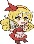  1girl :d animal_on_arm apron back_bow blonde_hair blush boots bow bow_hairband brown_boots cat chibi chibi_only curly_hair double-parted_bangs dress ellen_(touhou) full_body hair_between_eyes hairband hand_up long_hair looking_at_viewer mirei_(miirei) open_mouth pinafore_dress red_bow red_dress red_hairband shirt short_sleeves simple_background sleeveless sleeveless_dress smile solo standing touhou touhou_(pc-98) transparent_background v waist_apron white_apron white_shirt 