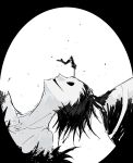  1boy black_eyes from_side greyscale hair_slicked_back highres long_neck male_focus monochrome nt_26 nyx_avatar object_through_head persona persona_3 short_hair sideways sketch smile sword sword_in_head weapon yuuki_makoto_(persona_3) 