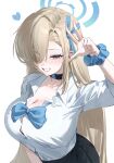  1girl asuna_(blue_archive) asuna_(school_uniform)_(blue_archive) black_skirt blonde_hair blue_archive blue_bow blue_bowtie blue_eyes blue_halo blush bow bowtie breasts choker cleavage collarbone commentary_request grin hair_over_one_eye hair_ribbon halo highres korean_commentary large_breasts long_hair looking_at_viewer mole mole_on_breast ribbon scrunchie shirt skirt sleeves_rolled_up smile solo tt_h0k4 v very_long_hair white_shirt wrist_scrunchie 