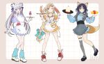  3girls animal_ears apron asymmetrical_legwear black_shoes blonde_hair blue_dress blue_eyes blue_jacket blue_leg_warmers blue_skirt blush braid cho_kaguya-hime! closed_mouth colored_inner_hair commentary crescent crescent_hair_ornament cup dress food forehead_jewel fox_ears fox_girl fox_tail frilled_apron frills green_eyes grey_apron grey_hair grey_socks hair_ornament hair_ribbon hair_rings hairclip heart heart_o-ring highres holding holding_tray jacket jersey_maid kaguya_(cho_kaguya-hime!) leg_warmers long_hair maid maid_headdress multicolored_hair multiple_girls o-ring o-ring_thigh_strap omelet omurice one_eye_closed open_mouth orange_dress pancake pink_hair pink_shoes purple_eyes rabbit_ears rabbit_girl ribbon runami_yachiyo sakayori_iroha shoes short_hair single_braid single_thighhigh skirt socks tail thigh_strap thighhighs tray twintails unconventional_maid urtk07 very_long_hair white_background white_hair 