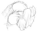  1girl bloodborne breasts cleavage commentary_request destruction dress faceless faceless_female faceless_hood from_above gigantic_breasts greyscale highres hood lineart making-of mergo's_wet_nurse mo_mi_sa_ki monochrome solo white_background 