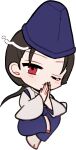  1boy barefoot blue_hat blue_pants blush brown_hair chibi chibi_only closed_mouth commentary_request full_body hat japanese_clothes kimono long_hair long_sleeves looking_at_viewer male_focus mirei_(miirei) one_eye_closed own_hands_together palms_together pants red_eyes shingyoku_(male)_(touhou) shingyoku_(touhou) simple_background solo touhou touhou_(pc-98) transparent_background white_kimono wide_sleeves 