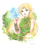  1girl 2020 bare_shoulders belt blonde_hair bracelet bush chapica circlet commentary_request dated deedlit elf fairy green_eyes green_tunic hand_up jewelry leaf lips long_hair looking_at_viewer painting_(medium) pointy_ears record_of_lodoss_war sparkle traditional_media tunic watercolor_(medium) white_background yellow_trim 