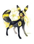  animal_focus artist_name closed_eyes english_commentary flower full_body glowing hawberries no_humans painting_(medium) pokemon pokemon_(creature) pokemon_focus simple_background solo sparkle standing traditional_media umbreon white_background yellow_flower 