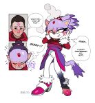 2026 absurd_res blackshirtboy blaze_the_cat blush clothing dialogue digital_media_(artwork) domestic_cat english_text felid feline felis female footwear forehead_gem gem green_eyes hi_res human human_to_anthro mammal open_mouth sega shoes simple_background solo sonic_the_hedgehog_(series) species_transformation standing tail text tf_into_fictional_character transformation white_background