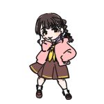  1girl animification black_bow black_ribbon bow bow_legwear brown_dress brown_eyes brown_hair closed_mouth commentary_request dress full_body hair_ribbon hasu_no_sora_school_uniform hood hood_down hooded_jacket inward_v jacket kurusu_rin long_sleeves looking_at_viewer love_live! love_live!_hasu_no_sora_jogakuin_school_idol_club medium_dress multi-tied_hair neckerchief open_clothes open_jacket pink_jacket pleated_dress ponytail real_life ribbon sailor_collar sailor_dress school_uniform shinanoya_(satanicad) simple_background smile socks solo standing v voice_actor white_background white_sailor_collar white_socks winter_uniform yellow_neckerchief 