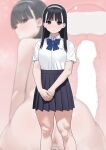  1boy 1girl absurdres ass black_hair black_skirt blue_bow blue_bowtie blunt_bangs bow bowtie breasts collared_shirt commentary_request cum fffukuzawa hairband hetero highres internal_cumshot knees long_hair medium_breasts original pleated_skirt school_uniform sex shirt short_sleeves skirt standing white_hairband white_shirt 