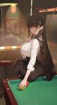  1girl absurdres ass ball billiard_ball black_hair black_pantyhose black_skirt blue_archive breasts commentary cue_stick finger_to_mouth hair_behind_ear hair_ornament halo highres long_hair modare on_table pantyhose pencil_skirt pool_table red_eyes rio_(blue_archive) shirt skirt table white_shirt 
