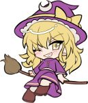  1girl blonde_hair blush boots bow broom broom_riding brown_boots chibi chibi_only crescent crescent_hat_ornament dress full_body grin hair_between_eyes hat hat_bow hat_ornament kirisame_marisa kirisame_marisa_(pc-98) long_hair long_sleeves looking_at_viewer mirei_(miirei) purple_dress purple_hat simple_background sitting smile solo touhou touhou_(pc-98) transparent_background v-shaped_eyebrows witch_hat yellow_bow yellow_eyes 