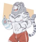  anthro big_muscles bottomwear bulge clothed clothing felid fur geometric_background hair hi_res hybrid kemohacs lion male mammal mane muscular muscular_male nipples open_mouth pantherine partially_clothed pawpads ponytail shorts simple_background solo standing stripes tiger white_body white_fur 