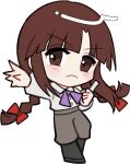  >:( 1girl black_boots blunt_bangs blush boots bow bowtie braid brown_eyes brown_hair buttons chibi chibi_only closed_mouth collared_shirt full_body grey_pants hair_bow long_hair long_sleeves looking_at_viewer mirei_(miirei) outstretched_arm pants purple_bow purple_bowtie red_bow rika_(touhou) shirt simple_background solo standing touhou touhou_(pc-98) transparent_background twin_braids v-shaped_eyebrows white_shirt 
