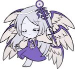  1other barefoot blue_skin chibi chibi_only closed_eyes closed_mouth colored_skin commentary_request dress feathered_wings full_body long_hair long_sleeves mirei_(miirei) multiple_wings other_focus parted_bangs purple_dress sariel_(touhou) seraph simple_background solo standing touhou touhou_(pc-98) transparent_background white_hair white_wings wide_sleeves wings 