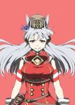  1girl animal_ears armband blunt_bangs bow bowtie breasts brown_hat dress ear_bow gloves gold_ship_(red_strife)_(umamusume) gold_ship_(umamusume) grey_hair grin hat highres horse_ears horse_girl large_breasts long_hair looking_at_viewer parted_lips pillbox_hat purple_bow purple_eyes red_background red_bow red_bowtie red_dress simple_background sleeveless sleeveless_dress smile solo striped_armband striped_clothes umamusume upper_body white_gloves zukki_(bijitaru) 
