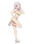  1girl absurdres ass bare_shoulders bikini blue_eyes blunt_bangs blush breasts commentary coro_fae english_commentary feet_up fujiwara_chika full_body highres kaguya-sama_wa_kokurasetai_~tensai-tachi_no_renai_zunousen~ large_breasts long_hair looking_at_viewer one_eye_closed open_mouth pink_hair sandals side-tie_bikini_bottom simple_background smile solo swimsuit thighs white_background white_sandals yellow_bikini 