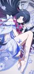  1girl absurdres black_hair blush closed_eyes closed_mouth columbina_(genshin_impact) commentary dress feathered_wings flower full_body genshin_impact hair_ribbon head_wings highres kabu_xblezzz long_hair long_sidelocks lying mask multicolored_hair multiple_wings nail_polish on_side pink_hair ribbon sidelocks smile solo toenail_polish toenails untranslatable_commentary very_long_hair white_dress white_mask white_ribbon white_wings wings 
