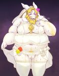  absurd_res anthro asgore_dreemurr belly blonde_hair blush bodily_fluids body_hair bovid bulge caprine chest_hair chiro_(artist) clothed clothing crossdressing embarrassed floppy_ears garter_straps goat hair hairy_arms hi_res horn legwear lingerie looking_at_viewer male mammal moobs navel overweight panties pubes solo stockings sweat thong undertale_(series) underwear 