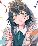  1girl absurdres atenaba confetti double_v gakuen_idolmaster green_eyes grey_jacket happy_birthday highres idolmaster jacket long_hair open_mouth simple_background solo tsukimura_temari upper_body v white_background 
