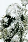  1girl 7na5go commentary_request flower greyscale hair_ornament lace layered_clothes leaf_hair_ornament lineart monochrome original plant shirt short_hair solo updo upper_body white_shirt 