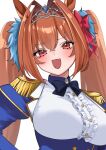  1girl animal_ears antenna_hair black_bow black_bowtie blush bow bowtie breasts brown_hair center_frills daiwa_scarlet_(peak_blue)_(umamusume) daiwa_scarlet_(umamusume) epaulettes fang frills hair_between_eyes hair_bow hair_intakes hair_ornament horse_ears horse_girl juliet_sleeves large_breasts long_hair long_sleeves looking_at_viewer open_mouth puffy_sleeves red_bow red_eyes shirt simple_background smile solo tiara twintails umamusume very_long_hair white_background white_shirt yamaro_(yamaro0) 