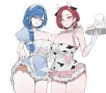  2girls absurdres animal_ears animal_print asymmetrical_docking bell bell_earrings black_survival blue_dress blue_hair blush braid breast_press breasts cleavage clothes_lift commentary_request cow_ears cow_horns cow_print dress dress_lift earrings enmaided eternal_return:_black_survival fake_animal_ears fake_horns gloves hand_grab highres horns huge_breasts interlocked_fingers jewelry korean_commentary lenore_(black_survival) lifting_own_clothes looking_at_viewer maid maid_headdress mole mole_under_eye multiple_girls panties pink_dress puffy_short_sleeves puffy_sleeves red_hair revision seoyong short_sleeves simple_background steam tazia_(black_survival) thighs underwear very_long_braid white_background white_gloves white_panties 