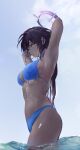  1girl absurdres adjusting_hair bikini black_hair blue_archive blue_bikini breasts commentary_request dark-skinned_female dark_skin gradient_hair halo highres kamo_(pixiv_14204392) karin_(blue_archive) large_breasts long_hair looking_to_the_side multicolored_hair navel partially_submerged purple_halo revision solo swimsuit thighs very_dark_skin wet yellow_eyes 