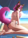  1girl absurdres animal_ears animal_print ass barefoot beach beach_umbrella bikini black_bikini brown_hair commentary cow_print cow_print_bikini dipperdog_rpg dog_ears dog_girl dog_tail english_commentary feet halterneck highres indie_virtual_youtuber median_furrow multicolored_bikini multicolored_hair ocean pink_eyes pome0826 print_bikini second-party_source side-tie_bikini_bottom soles solo string_bikini swimsuit tail toes twitter_username two-tone_bikini two-tone_hair umbrella virtual_youtuber white_bikini 