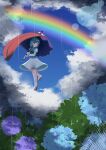  1girl :p absurdres blue_eyes blue_flower blue_hair blue_vest blush brown_sandals commentary_request floating flower full_body gasubanana geta heterochromia highres holding holding_umbrella hydrangea juliet_sleeves karakasa_obake long_sleeves outdoors puffy_sleeves purple_flower purple_umbrella rain rainbow red_eyes sandals smile solo tatara_kogasa tongue tongue_out touhou umbrella vest 