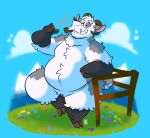  anthro belly bovid caprine eyewear fur glasses goat grass grin hi_res hooves horn male mammal one_eye_closed outside overweight overweight_anthro overweight_male plant smile solo syc teeth white_body white_fur wink 