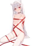  1girl absurdres animal_ear_fluff animal_ears arms_behind_back blush breasts cat_ears collarbone eyebrows_behind_hair groin head_tilt highres long_hair looking_at_viewer naked_ribbon navel no_shoes original parted_lips red_eyes red_ribbon ribbon silver_hair sitting small_breasts solo thighhighs very_long_hair white_legwear xiao_lin_jiu 