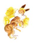  animal_focus artist_name closed_eyes closed_mouth eevee english_commentary flower flower_on_head full_body hawberries lying no_humans painting_(medium) pokemon pokemon_(creature) pokemon_focus simple_background solo traditional_media white_background yellow_flower 