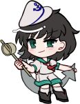  1girl anchor black_hair blush chibi chibi_only closed_mouth full_body green_eyes green_sailor_collar green_shirt green_shorts hat hishaku looking_at_viewer mirei_(miirei) murasa_minamitsu neckerchief red_neckerchief sailor sailor_collar sailor_hat sailor_shirt shirt short_hair short_sleeves shorts simple_background smile solo standing touhou transparent_background white_hat 