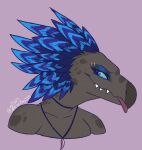 alien anthro avian beak blep blue_body blue_eyes blue_feathers blue_sclera bust_portrait colored eyebrow_piercing eyebrow_ring facial_piercing feather_hair feathered_crest feathers female halo_(series) head_crest hi_res jewelry kig-yar looking_at_viewer maz_fel microsoft necklace pendant piercing portrait pseudo_hair pupils ring_piercing scalie side_view simple_background slit_pupils solo spartankay515 t'vaoan tongue tongue_out xbox_game_studios