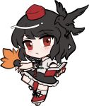  1girl bird black_bow black_bowtie black_hair black_skirt black_wings blush bow bowtie chibi chibi_only closed_mouth collared_shirt crow feathered_wings frilled_skirt frills full_body geta hand_fan hat hauchiwa holding holding_fan holding_notebook looking_at_viewer mirei_(miirei) notebook red_eyes red_hat red_shoes shameimaru_aya shirt shoes short_hair short_sleeves simple_background skirt socks solo standing tengu-geta touhou transparent_background white_shirt white_socks wings 
