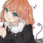  1girl :p aqua_eyes black_cardigan cardigan collared_shirt commentary_request demon_tail drawn_tail finger_to_cheek frilled_shirt_collar frills hair_ribbon heart highres hinoshita_kaho hinoshita_kaho_(birthday_jirai_kei) looking_at_viewer love_live! love_live!_hasu_no_sora_jogakuin_school_idol_club medium_hair notice_lines orange_hair pink_ribbon ribbon shirt simple_background skp1cnqfehmpasi smile solo tail tongue tongue_out twintails virtual_youtuber white_background white_shirt 
