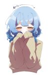  1girl absurdres alternate_costume blue_hair blush braid braided_hair_rings brown_sweater commentary_request hair_rings highres looking_at_viewer mahou_shoujo_no_majo_saiban shimesu_emhr short_hair simple_background single_sleeve_past_fingers single_sleeve_past_wrist smile solo sweater tachibana_sherry upper_body white_background yellow_eyes 