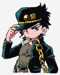  1boy adjusting_clothes adjusting_headwear arm_up black_coat black_hair black_hat closed_mouth coat collared_coat commentary cropped_torso earrings frown grey_shirt hat high_collar jewelry jojo_no_kimyou_na_bouken kujo_jotaro long_sleeves looking_to_the_side male_focus open_clothes open_coat pants pawa_(bugendai_shounen) piercing shirt shirt_tucked_in short_hair sideways_glance simple_background solo stardust_crusaders stud_earrings white_background 