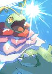  absurdres antennae blue_sky colored_skin commentary_request flower green_skin highres long_neck mega_meganium mega_pokemon meganium neck_flower no_humans open_mouth outdoors pokemon pokemon_(creature) pokemon_focus polynimuri sauropod sky solo tail yellow_eyes 