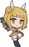  >:( 1girl black_boots blonde_hair bloomers blunt_bangs blush boots chibi chibi_only closed_mouth double_bun dress full_body hair_bun hair_ribbon haniwa_(statue) holding joutouguu_mayumi knee_boots looking_at_viewer mirei_(miirei) ribbon short_hair short_sleeves simple_background solo standing touhou transparent_background v-shaped_eyebrows white_bloomers white_ribbon yellow_dress yellow_eyes 