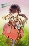  1girl ascot black_hair bloom_the_smile_bloom_the_dream! boots closed_mouth commentary_request dress full_body grass hair_ribbon highres jacket katsuragi_izumi long_sleeves looking_at_viewer love_live! love_live!_hasu_no_sora_jogakuin_school_idol_club low_ponytail medium_dress offering_hand open_clothes open_jacket orange_eyes orange_jacket outdoors pink_dress ponytail puffy_long_sleeves puffy_sleeves reaching reaching_towards_viewer ribbon smile solo song_name split_mouth standing virtual_youtuber white_ascot white_boots white_ribbon yulittlove 