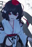  1girl black_hair black_sash black_thighhighs breasts bridge cleavage clothing_cutout commentary foreshortening from_above hair_between_eyes hat highres japanese_clothes kanpa_(campagne_9) kimono kourindou_tengu_costume large_breasts looking_at_viewer obi official_alternate_costume pelvic_curtain pointy_ears red_eyes red_hat sash shameimaru_aya short_hair shoulder_cutout solo tengu thighhighs tokin_hat touhou white_kimono wide_sleeves wooden_bridge 