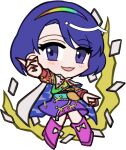  1girl :3 :d blush boots bow cape chibi chibi_only dress footwear_bow full_body hairband long_sleeves looking_at_viewer mirei_(miirei) multicolored_dress multicolored_hairband open_mouth pink_boots print_cape purple_eyes purple_hair rainbow_hairband short_hair simple_background sky_print smile solo standing tenkyuu_chimata touhou transparent_background two-sided_cape two-sided_fabric white_bow white_cape 