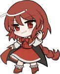  1girl blush bow bowtie braid cape chibi chibi_only closed_mouth double-parted_bangs full_body hair_between_eyes hand_up long_hair long_sleeves looking_at_viewer mirei_(miirei) okazaki_yumemi red_bow red_bowtie red_cape red_eyes red_hair red_shoes red_skirt red_vest shirt shoes simple_background single_braid skirt skirt_set smile socks solo standing touhou touhou_(pc-98) transparent_background vest white_shirt white_socks 