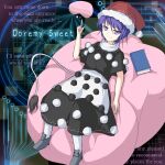  1girl absurdres air_mattress black_dress book character_name check_object closed_mouth commentary doremy_sweet dream_soul dress english_text full_body galm_x_lmr_(ryonasa) grey_shoes hat highres looking_at_viewer lying nightcap on_back pom_pom_(clothes) purple_eyes purple_hair red_hat shoes short_hair short_sleeves smile socks solo tail touhou two-tone_dress white_dress white_socks 