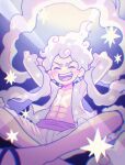  1boy abs chunafishy closed_eyes commentary english_commentary gear_fifth happy highres male_focus monkey_d._luffy one_piece open_clothes open_mouth open_shirt short_hair shorts solo white_hair white_shorts 