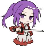  1girl blush chibi chibi_only closed_mouth full_body holding holding_sword holding_weapon japanese_clothes katana kimono long_hair long_sleeves looking_at_viewer meira_(touhou) mirei_(miirei) open_clothes open_vest pants parted_bangs ponytail purple_eyes purple_hair red_vest sidelocks simple_background solo standing sword touhou touhou_(pc-98) transparent_background v-shaped_eyebrows vest weapon white_kimono white_pants wide_sleeves 