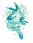  animal_focus artist_name blue_flower closed_eyes closed_mouth english_commentary flower full_body glaceon hawberries no_humans painting_(medium) pokemon pokemon_(creature) pokemon_focus sidelocks simple_background solo traditional_media white_background 