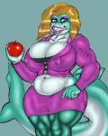  alanis_shaw anthro apple belly big_belly big_breasts blonde_hair bottomwear breasts cleavage clothed clothing female fish hair hi_res lips looking_at_viewer marine musclegut muscular muscular_female navel nipple_outline omnishambles purple_clothing purple_eyes purple_lips shark skirt solo suit tight_clothing 