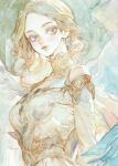  1girl 7na5go blonde_hair blue_eyes commentary_request curly_hair dress flower forehead from_below high_collar lace light_smile lineart long_hair original painting_(medium) parted_bangs solo traditional_media upper_body warm_colors watercolor_(medium) white_dress wings 
