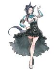  1girl absurdres animal_ears aqua_ascot ascot asymmetrical_footwear black_hair black_skirt black_thighhighs blue_ascot braid braided_bun breasts cleavage closed_mouth commentary_request crossed_legs curvy full_body garter_straps gloves hair_bun hand_on_own_hip high-waist_skirt highres horse_ears horse_girl horse_tail large_breasts long_sleeves looking_at_viewer mejiro_ramonu_(onyx_line)_(umamusume) mejiro_ramonu_(umamusume) mismatched_footwear mole mole_under_eye multicolored_hair ohayonabeno purple_eyes shirt shoes simple_background single_garter_strap single_glove single_thighhigh skirt solo streaked_hair striped_hair tail thighhighs umamusume watson_cross white_background white_gloves white_hair white_shirt 